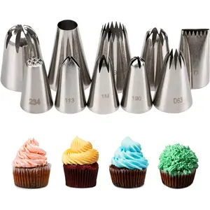 10 Pcs Stainless Steel Piping Tips Set – Plus 50 Disposable Pastry Bags, Cake Decorating Icing Tip Kit for Buttercream, Cream, Meringue, Cupcakes, Big Cakes – Professional Wilton Style