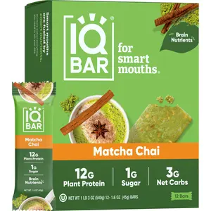 IQBAR Matcha Chai (12 Bars) - Brain and Body Plant Protein Bars - Low Carb, High Fiber, Gluten Free, Healthy Vegan Snacks - Low Sugar Keto Bar Pack