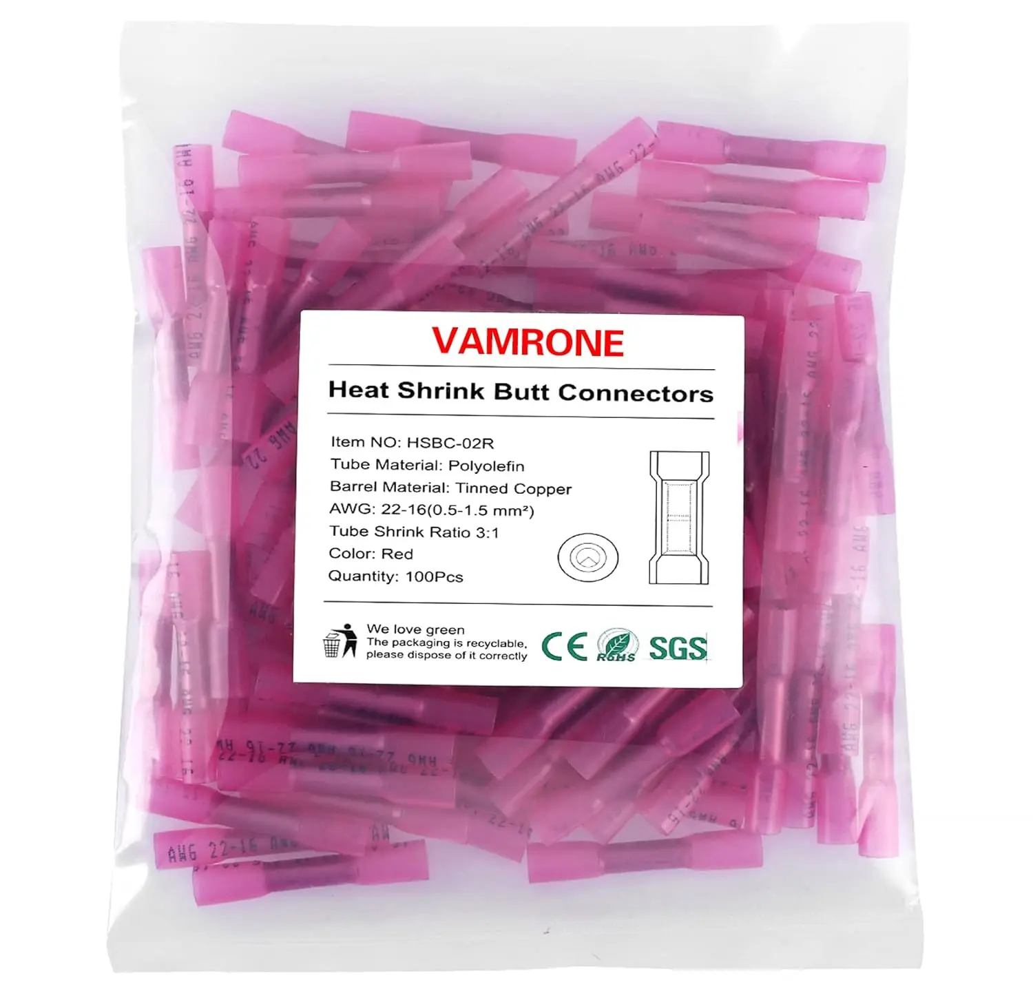 100PCS 22-16 AWG Heat Shrink Butt Wire Connectors, Insulated Waterproof Automotive Marine Grade Crimp Terminals Butt Splices, Ideal for Boat, Truck (Red)