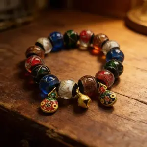 Colorful Oriental Bead Bracelet with Gold Plated Charms – Bohemian Handmade Energy Bangle for Good Luck