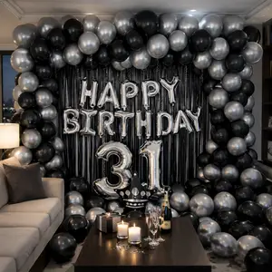 Luxury Black & Silver Birthday Balloon Backdrop  , Trending Party Decoration Ideas , Aesthetic Birthday Setup