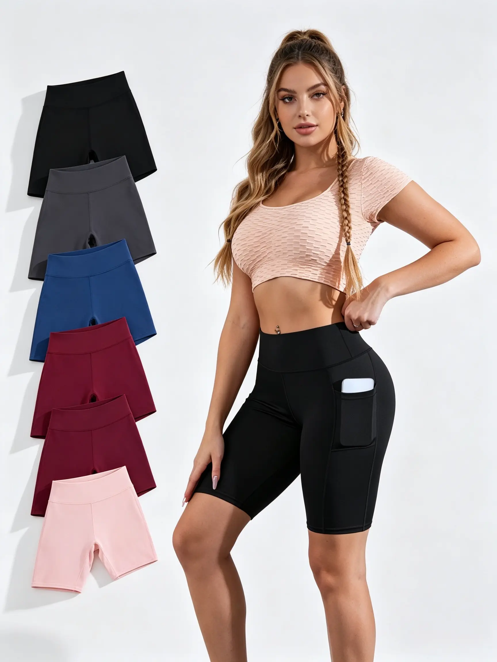 5PCS Women's Sports Shorts with Pockets, Black Cycling Shorts, Quick-Dry Outdoor Fitness Workout Leggings, Stretchy High-Waist Tummy Control Butt-Lifting Fit, Yoga Tights, Women's Running Training Knee-Length Pants, dolphin shorts cheeky shorts