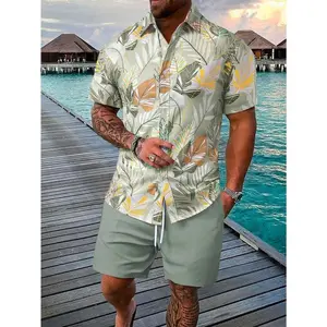 Men’s 2-Piece Tropical Vacation Casual Outfit – Polyester Floral Print Short-Sleeve Shirt and Solid-Color Shorts