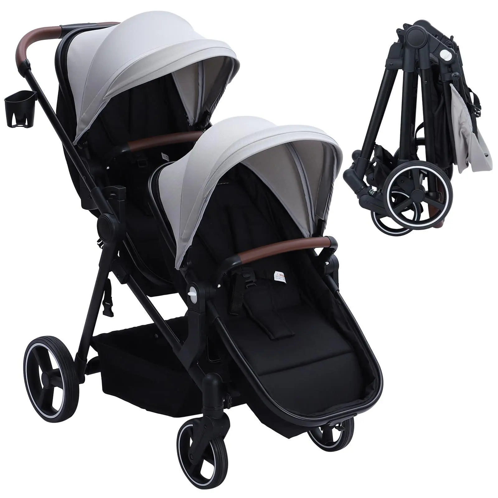 Tandem Double Stroller Newborn and Toddler, Foldable Twin Stroller with Reversible Seat, 5-Point Safety Harness, Adjustable Backrest & Canopy, Storage Basket, Light Grey