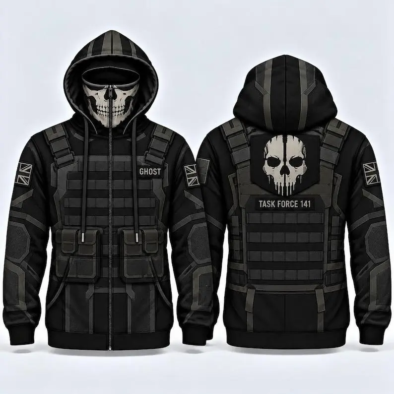 Ghost Task Force 141 Skull Zip-Up Hoodie, Tactical Print High Collar Hooded Sweatshirt, Gamer Gift