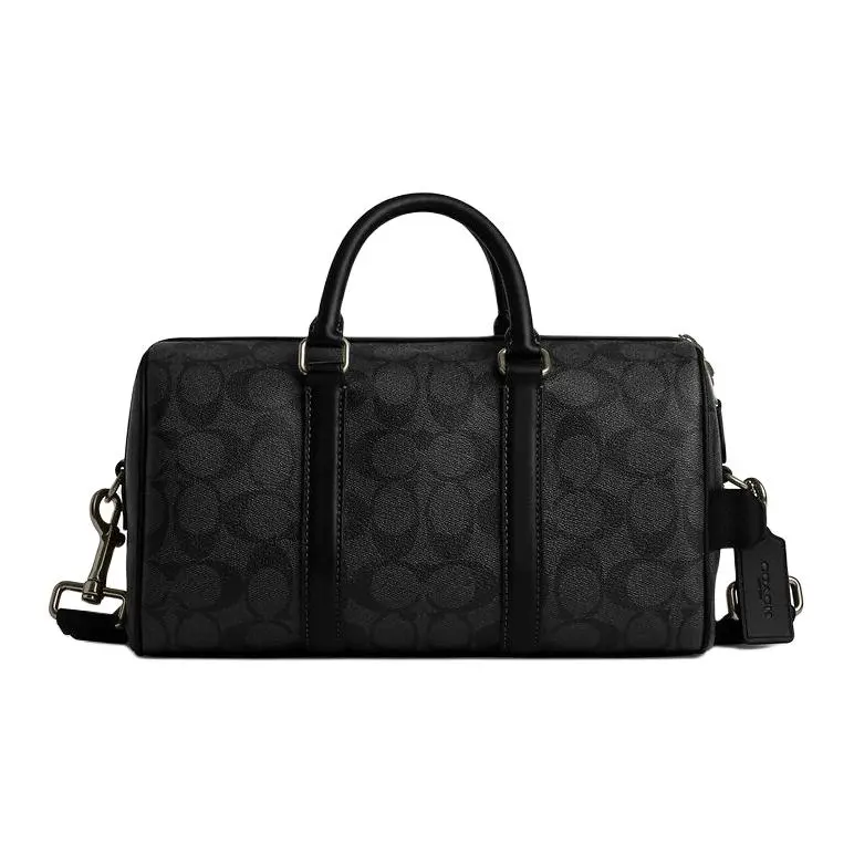 COACH Venturer Duffle 27 Classic Monogram Zipper Closure Large Travel Bag for Men in Black with Coated Canvas and Smooth Calfskin
