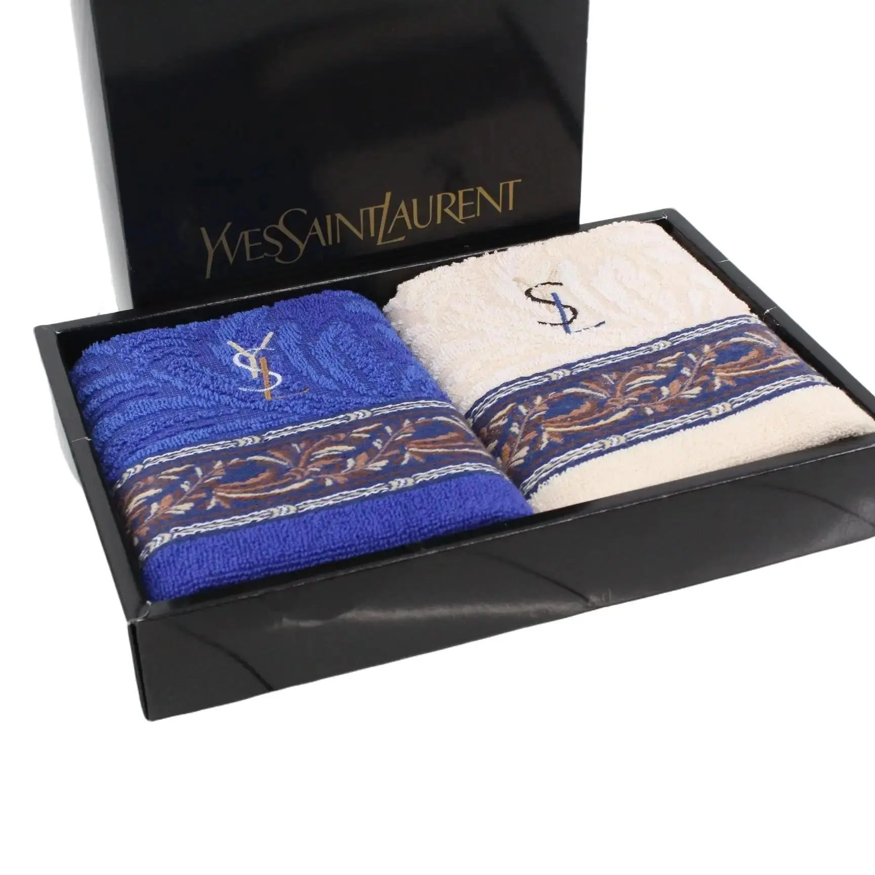 Pre-owned Yves Saint Laurent Towel Set Blue & White with Embroidered Logo Unused Premium Quality Bath Towels