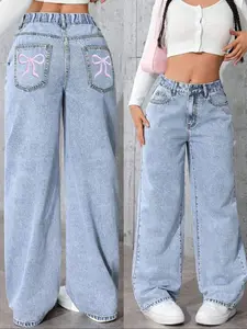 Teen Girls Washed Denim Jeans with Embroidered Bow Design, Loose Fit Elastic Waistband, All Season Wearable, Cute Style, Casual Comfy Jeans