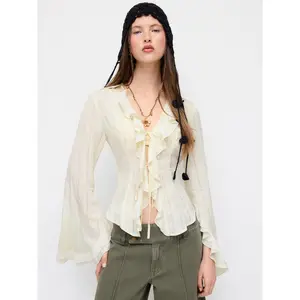 Cider Striped Tie Front Cinched Waist Ruffle Sleeve Blouse