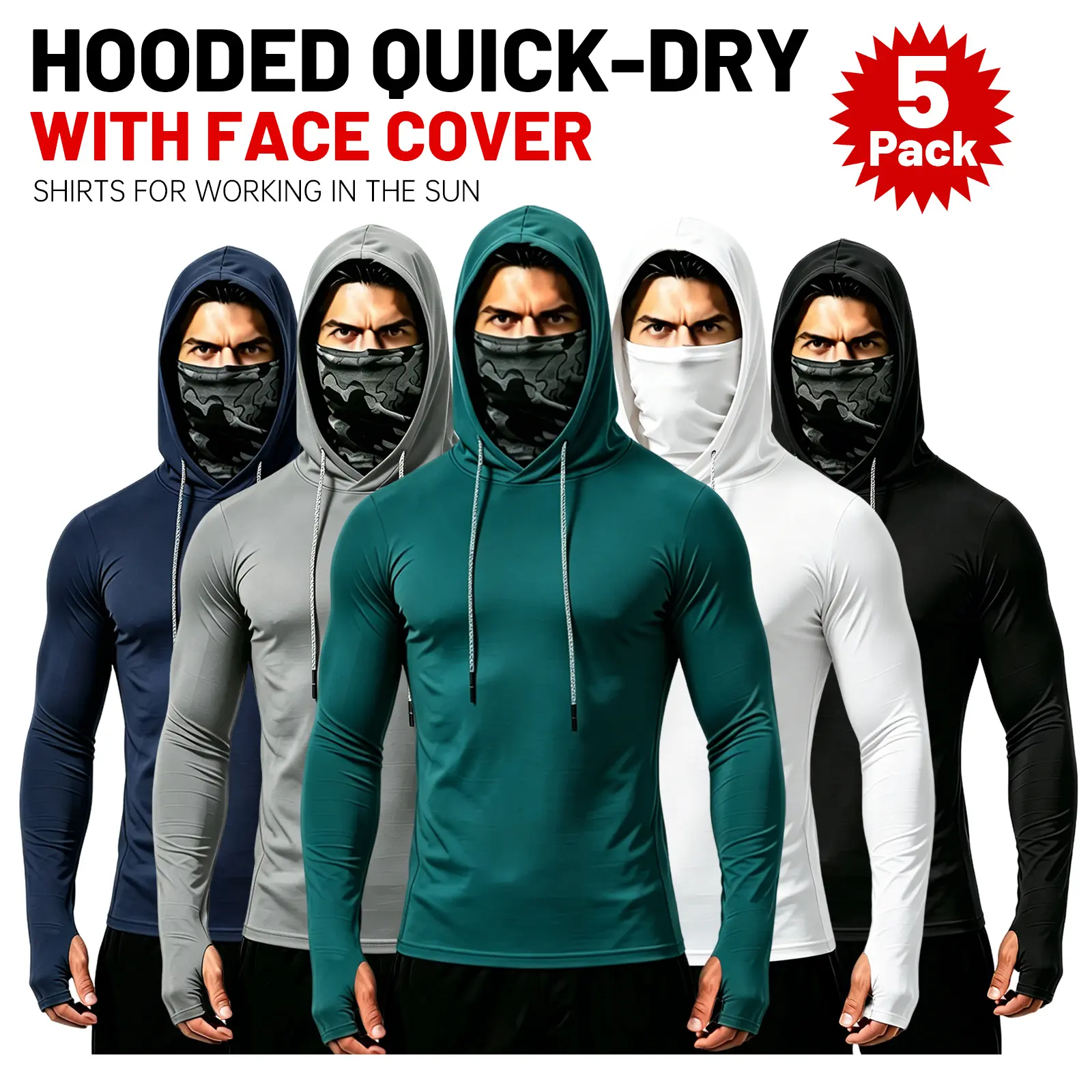 Men's 3-Pack Hooded Long Sleeve Shirts - Built-in Full Coverage Face Mask, UPF 50 UV Protection, Quick Dry, Slim Fit, Drawstring, All Seasons Daily Active Wear for Gym Workouts, Outdoor Activities