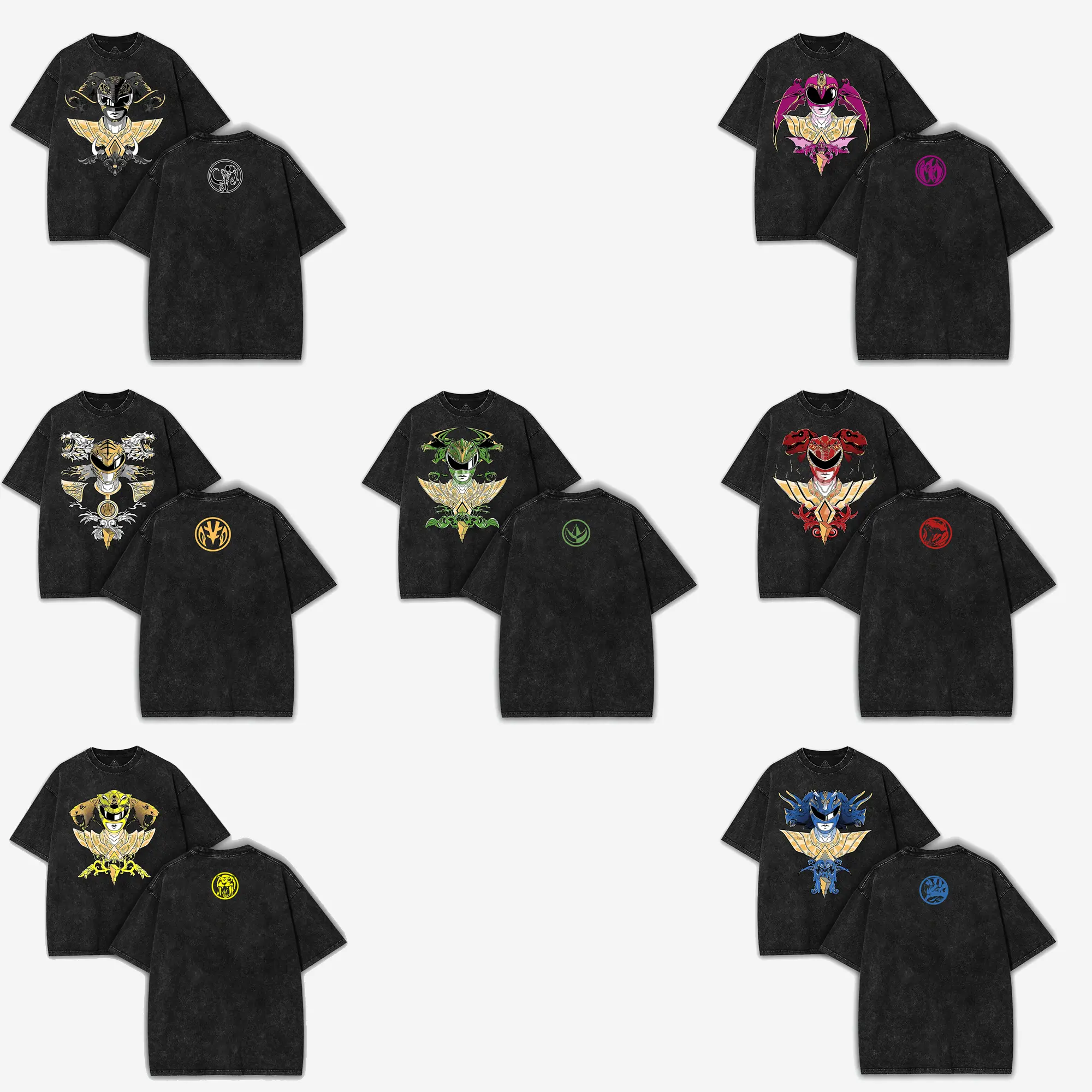 MMPR Inspired Vintage Washed T-Shirt, Retro Ranger Graphic Tee, Anime Style Streetwear Shirt, Unisex Oversized Washed Tee, Gift for Fans
