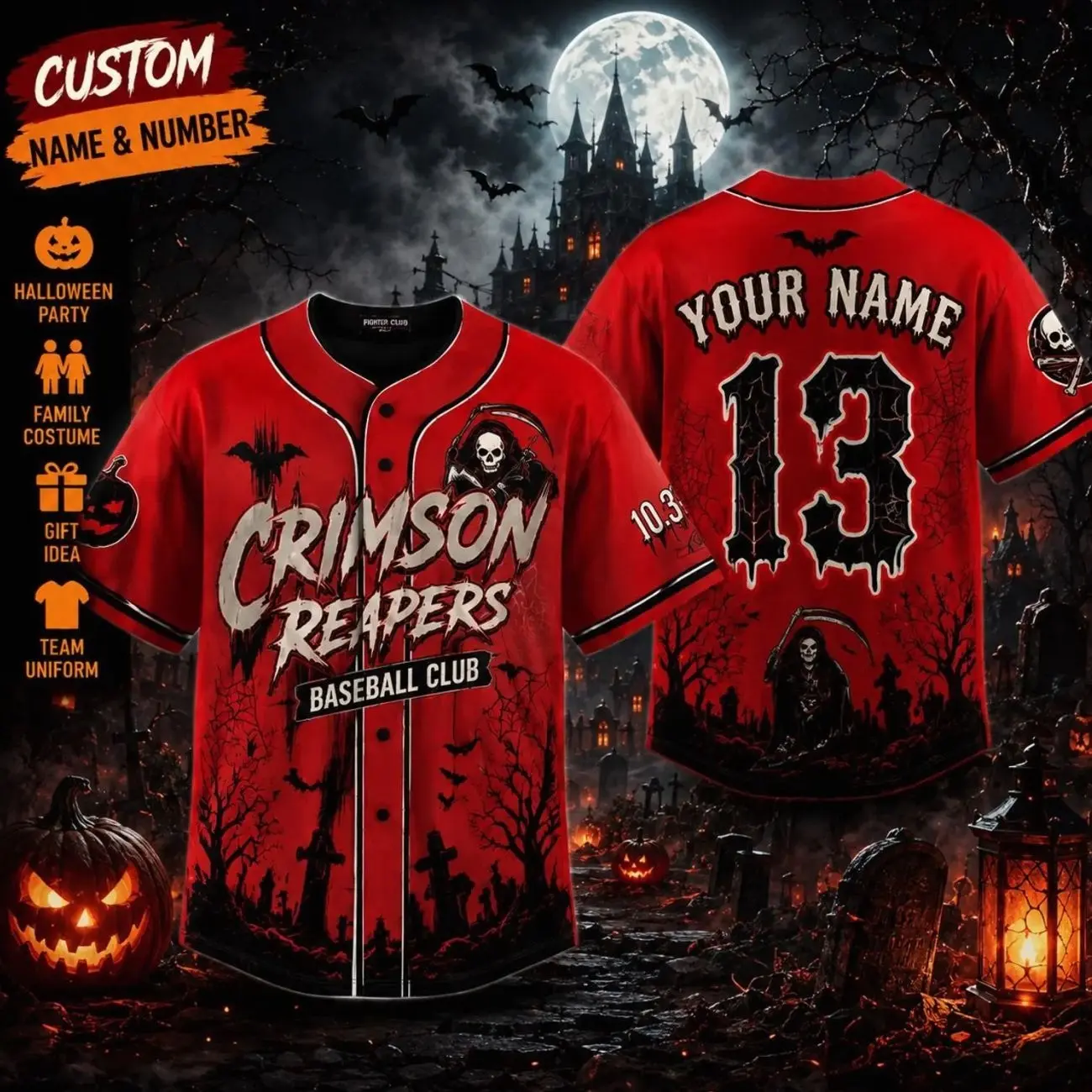 Halloween Baseball Jersey Custom Name Number, Personalized Spooky Baseball Shirt, Horror Costume, Family Halloween Party Outfit, Gift