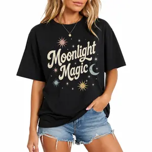 Celestial “Moonlight Magic” Graphic Tee for Women, Vintage-Inspired Oversized T-Shirt, Trendy Starry Sky Design, Cute Tops, Women’s Casual Streetwear, Soft Cotton Fashion Shir