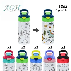 AGH 10pcs 12 oz Kids ‘Drawing Painting’ Tumblers Stainless Steel kids water bottles Cups with Flip Handle Lid & 12-colors Acrylic Maker for Children Birthday Gift back to school