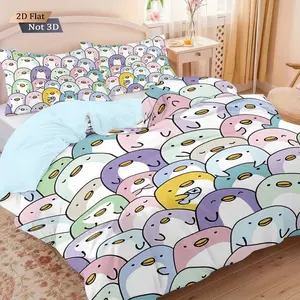 3-piece set (1 duvet cover + 2 pillowcases, no filling) with soft, cute, colorful cartoon-style macaron penguin design prints. Soft and comfortable bedding set, perfect for room decoration, suitable for all seasons.
