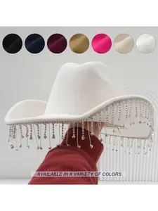 Tassel Felt Western Cowboy Hat Large Brim Sun Hat Large Head Circumference Warm Top Hat Women's British Hat