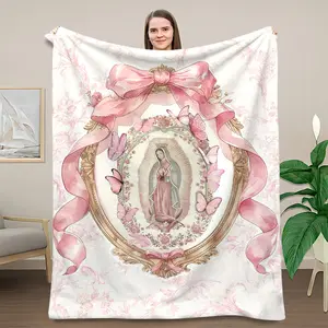 Our Lady of Guadalupe Pink Coquette Throw Blanket - Soft White Background Watercolor Floral & Pink Bow Butterfly Flannel Blanket, Cozy Soft Blanket Featuring Virgen de Guadalupe in an Ornate Gold Frame, Perfect Religious & Feminine Gift for Devotees