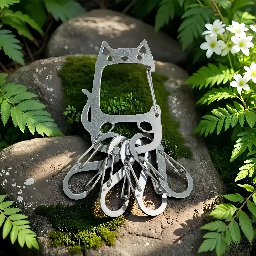 Cute Laser Cut Stainless Steel Cat Keychain with Heavy-Duty Spring Carabiner Clip, Corrosion Resistant Sturdy Compact Lightweight Key Holder, Daily Carry Accessory & Mini Present for Cat Lovers