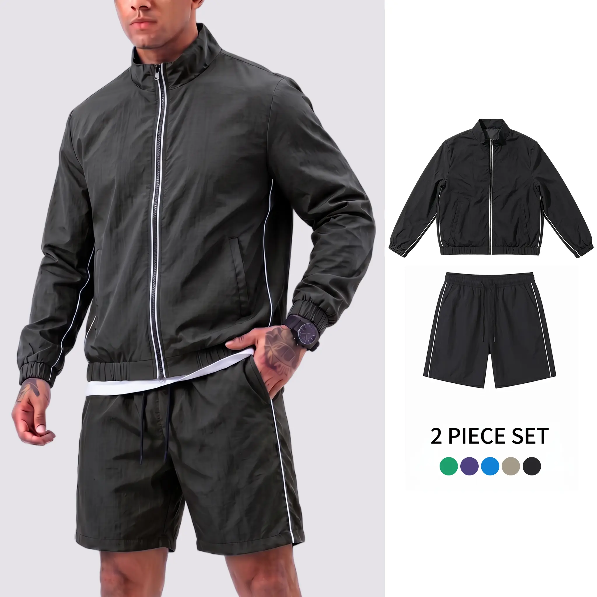 Men's 2 Piece Casual Sporty Comfy Stand-Collar Zip Jacket & Athletic Shorts Set - Lightweight Stretchy Fabric Fitness Sportswear Jogging Outfit for City Walks, Holiday Travel, Fitness Sportswear Set, Jogging Set