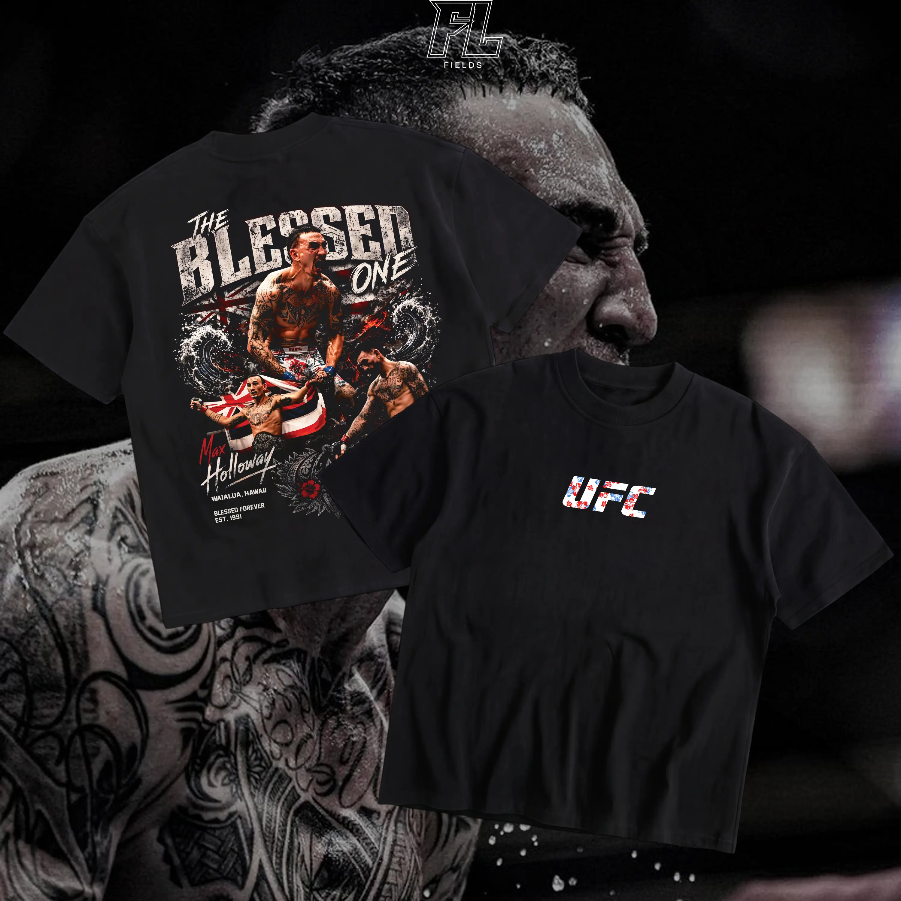 FIELDS Men's UFC 329 Black Max Holloway T-Shirt, The Blessed UFC Graphic Tee, UFC MMA Shirt, Gift for Fighters, Sports Apparel Cotton Crewneck