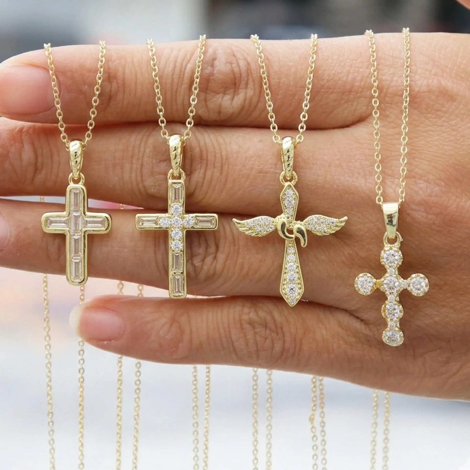 Cross Necklace for Women, 14K Gold Plated Cubic Zirconia Cross Pendant Necklace, Trendy Christian Jewelry Gifts for Baptism First Communion Christmas