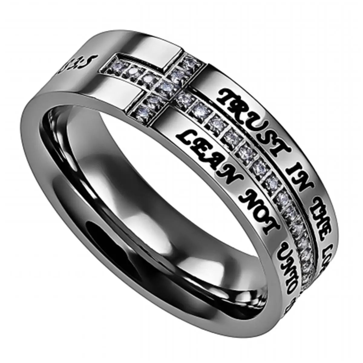 6mm Stainless Steel Band Ring with Pave Cubic Zirconia Crescent Cross, Engraved 'Trust In The Lord' Verse, Size 5