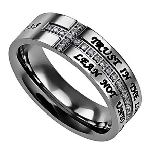6mm Stainless Steel Band Ring with Pave Cubic Zirconia Crescent Cross, Engraved 'Trust In The Lord' Verse, Size 5