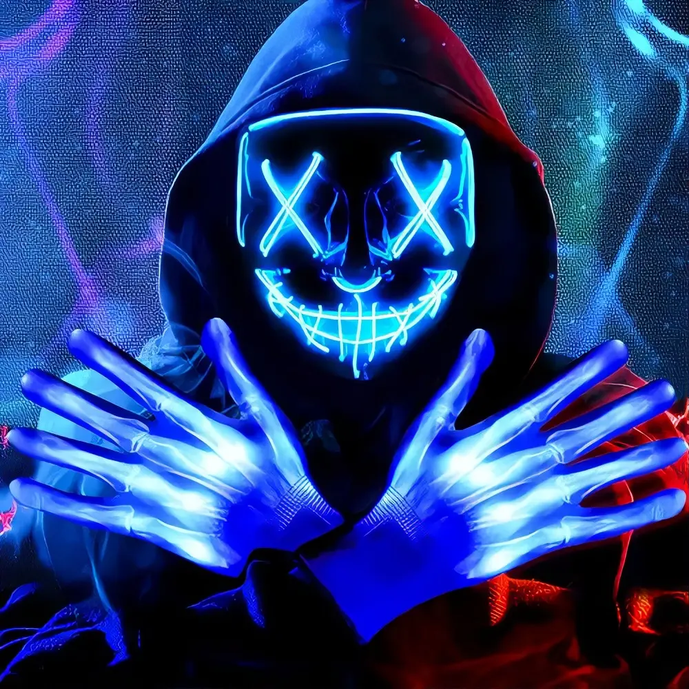 Halloween LED Light-Up Purge Face Mask with Glowing Gloves - 3 Lighting Modes, Spooky Festival-Inspired Flashing Party Accessory for Adult Masquerade Parties (Light-Up Masks Included)
