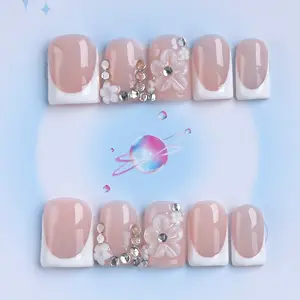 Nailssbysheccid, 10pcs press-on nails, square shape, 100% handmade, simple style, French style, French Tip, 3D, suitable for family dinners, dates, weddings, best gift for girls, comes with jelly glue, crystal sticks and twisting rods