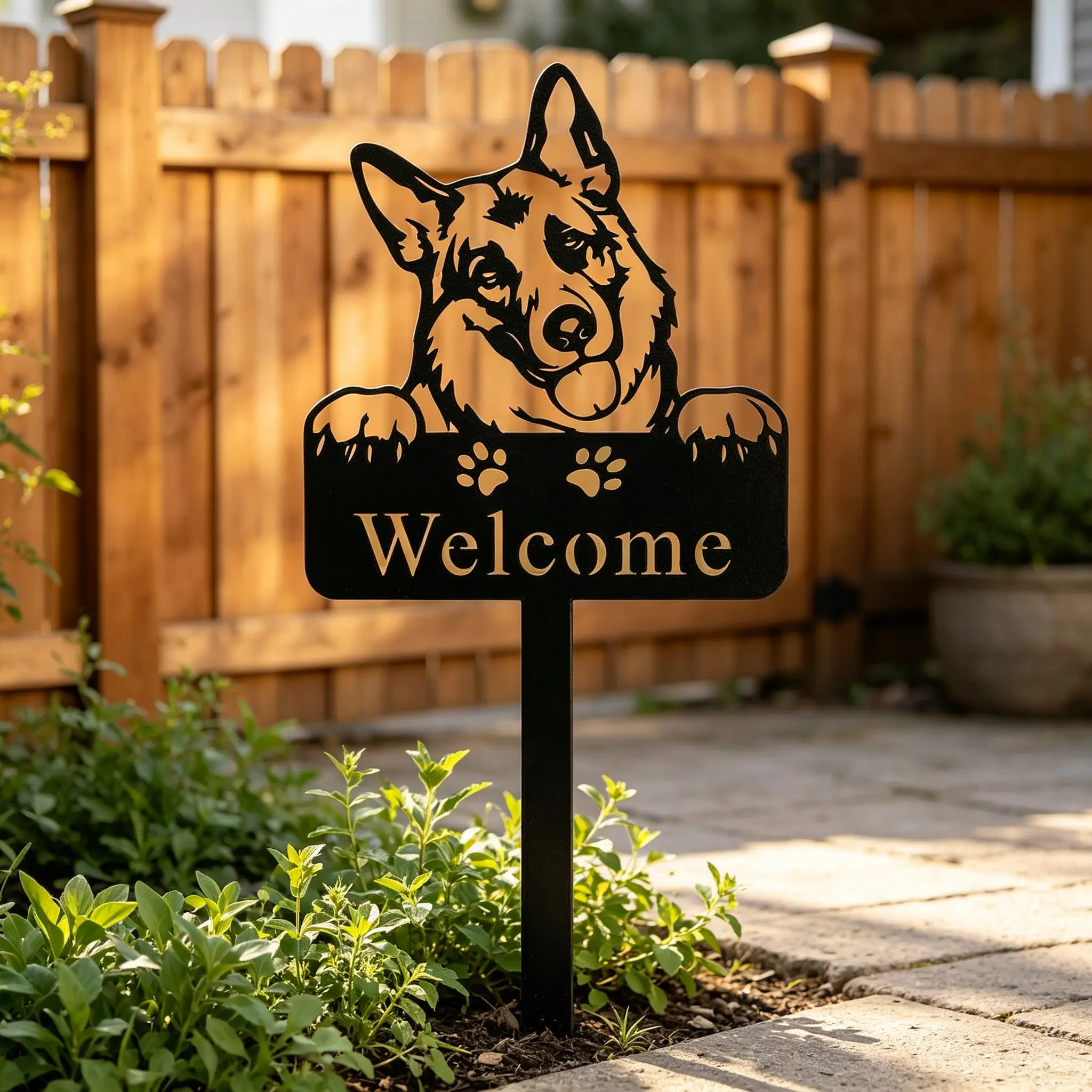 Upgraded Thick Rustproof Iron German Shepherd Welcome Ground Sign, Cutout Probe Design, Dog Paw Print Lawn Decor, No Screws Required - Direct Insertion for Outdoor Garden Front Door Use，  garden decor，  aesthetic wall  Decor