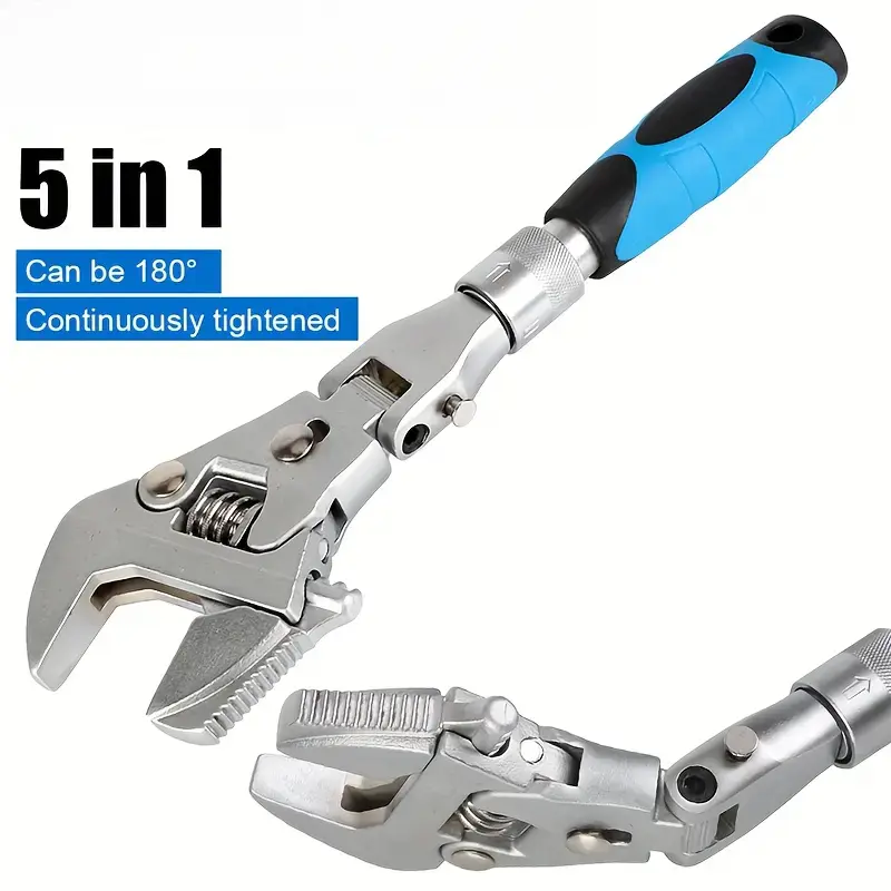 5-in-1 Adjustable Ratchet Wrench, 180° Folding Rotating Head Crescent Wrench, Premium High Strength Durable Torque Wrench, 10–12 Inch Multi-Function Hand Tool