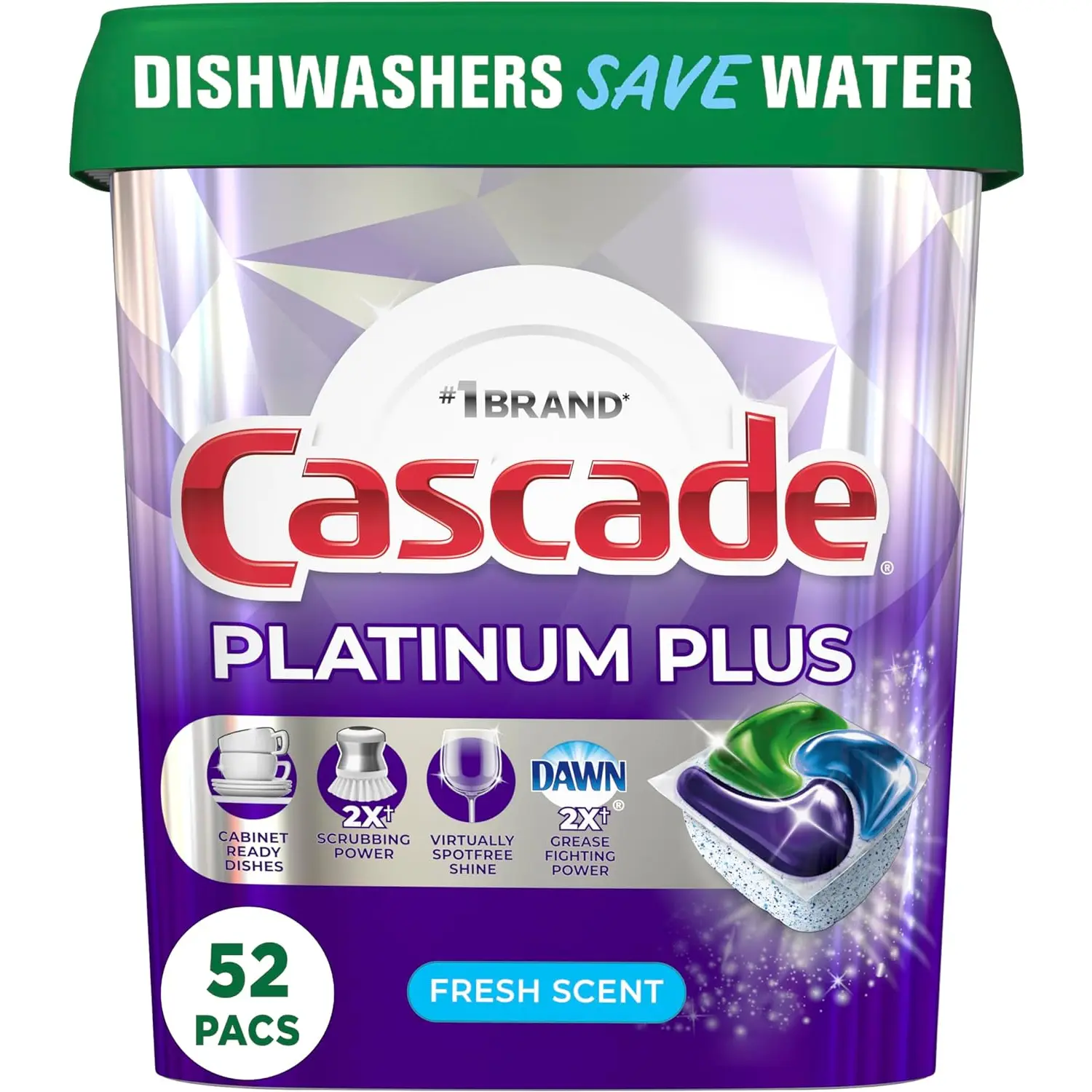 Cascade Platinum plus Dishwasher Pod, Dish Detergent Actionpacs, Dishwasher Detergent, Fresh, 52 Count Cascade