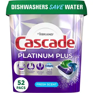 Cascade Platinum plus Dishwasher Pod, Dish Detergent Actionpacs, Dishwasher Detergent, Fresh, 52 Count Cascade
