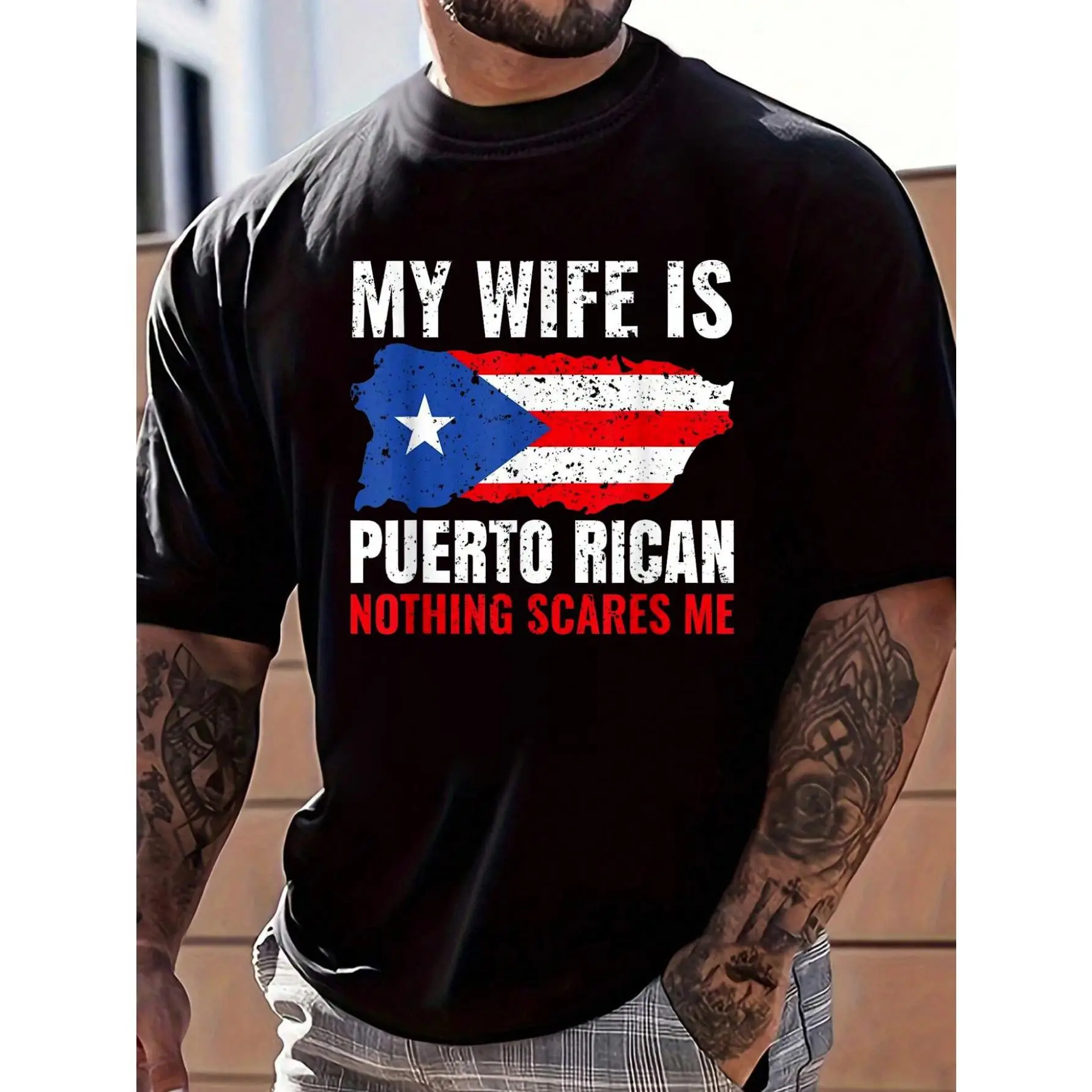 100% Cotton My Wife Is Puerto Rican Puerto Rico Heritage Roots PR Flag T-Shirt Women's Men's Graphic Tee Causal Tops Fashion