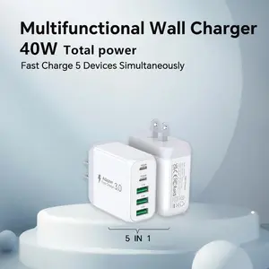 40w 5-Port Wall Fast Charger, PD Adapter + Qc 3.0, USB-C/USB-A Wall Plug for iPhone 17/16/15/14 Pro Max, iPad, Android Phones, Smartphone, Cellphone Charging