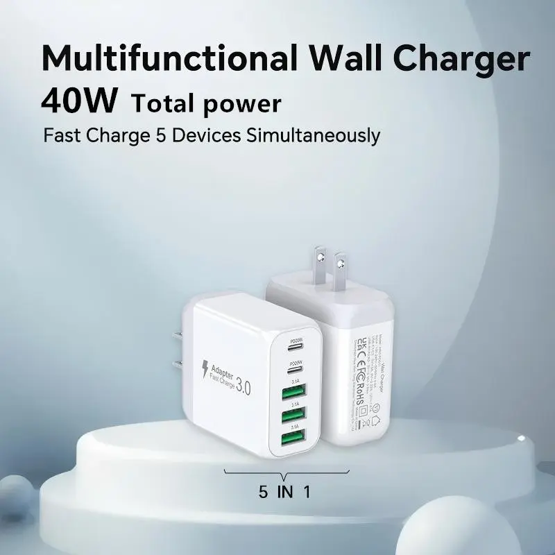 5 Port Wall Fast Charger, 40w PD+qc 3.0 Adapter, Multi USB-C/USB-A Wall Plug for iPhone, iPad, Huawei, Samsung, Oppo, Smartphones, Tablets