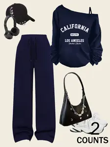 Women's 2-Piece Set, American Style Hot Girl, Indigo Shoulder Cut Sweatshirt & Wide Leg Pants, Campus Print, All Seasons