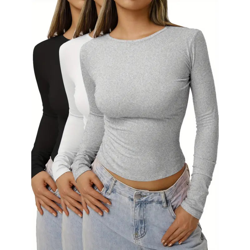 Women's 3-Pack Solid Stretch Knit Longsleeve Crew Neck T-Shirts - Polyester-Spandex Jersey Athletic Tops, Casual Fitness Wear for Sports, Outdoor Activities, Light Stretch, All Seasons, Dry/Machine Washable, Athletic Top, Longsleeves