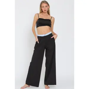 Black Contrast Waist Long Pants