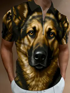 Men's Short Sleeve Polo Shirt with German Shepherd Pattern, Fashion Animal Printed Casual Top, Summer Trendy Men's Clothing