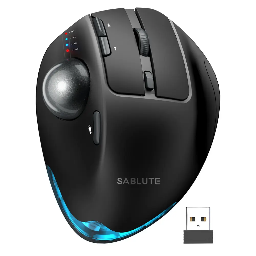 MAM1 Pro Wireless Trackball Mouse, Ergonomic Bluetooth Rechargeable Computer Mouse, Backlit Rollerball Thumb mice with 5 Level DPI, Adjustable Angle, 3 Devices Connection for PC, Windows