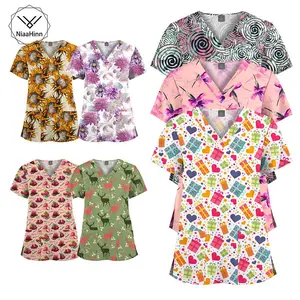 Niaahinn Womens Work T-shirt Stretch Scrubs Nursing Uniform Blouse V-Neck Short Sleeve Medical Scrub Tops with Pockets Wholesale