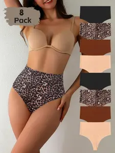 Women's High Waist Elastic Thong Panties, Leopard Print Sexy Elegant, Spandex Blend, Nylon, Comfortable Seamless Breathable, 8 Pack