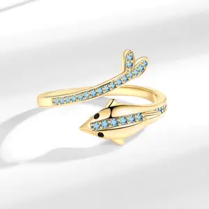 Gold-Tone Dolphin Fish Shaped Ring with Sparkling Gems - Colored Gemstone, Jeweled, Sparkly Embellished Statement Ring for Everyday Comfortable Stylish Wear, Colored Gemstone Rings, Fish Shaped Rings