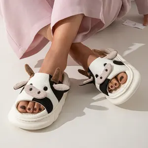 Women's Cow Print Linen Slippers for All Seasons Non Slip Comfortable Indoor Home Footwear Soft Breathable Loungewear Fashionable Casual Slip On Shoes