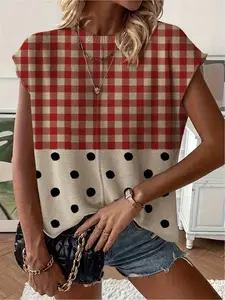 Spring/Summer crew neck drop-shoulder loose fit contrast plaid & polka dot print short-sleeve women's knit top, vacation style, casual elegant commute, ladies short-sleeve knit top, Womenswear, Blouse, bikini cover-up.