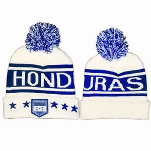 Beanie Honduras - White with Blue Stripes and Stars Pom-Pom Hat for Sports Fans