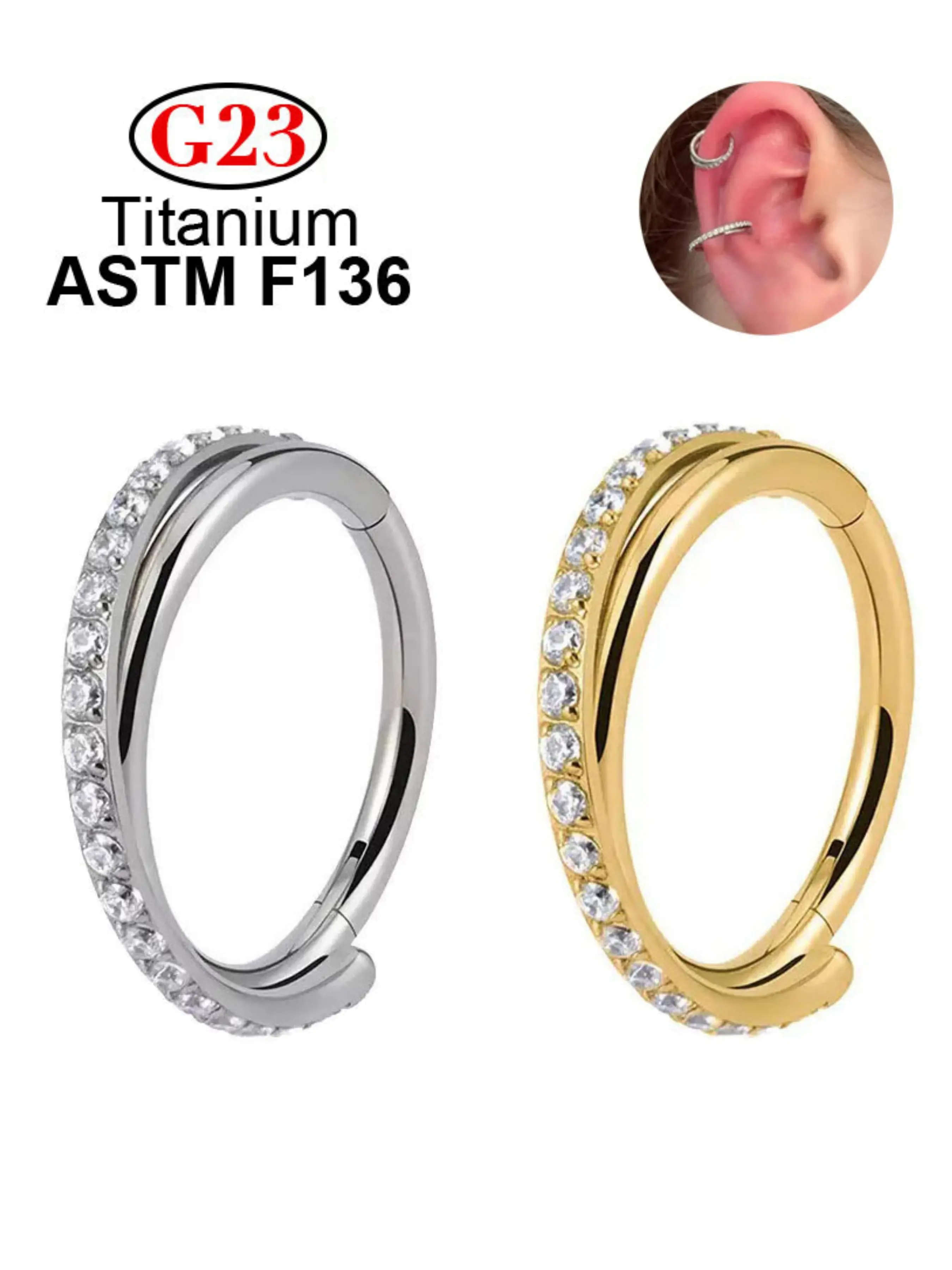 G23 Astm F136 Titanium Fashion Jewelry Clicker Earrings, Hoop Ring for Cartilage Septum Daith Tragus Conch Piercing, Punk Style, Septum Pierced Ring