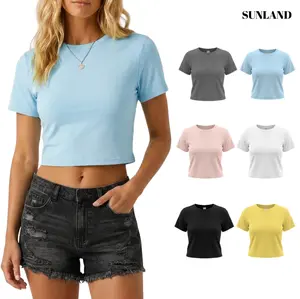 Sunland Women's High Elastic Slim-Fit Crew Neck Cropped T-Shirt, Versatile Casual Summer Short Sleeve Crop Top, Soft & Skin-Friendly, Multiple Colors Available