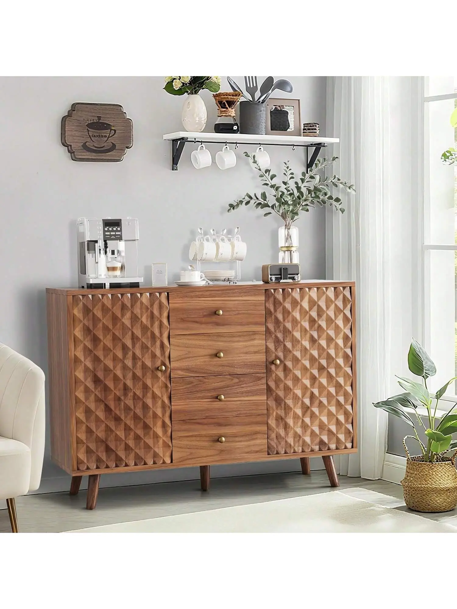 Gaomon Mid-Century Vintage Indoor Freestanding Wood Buffet Cabinet - 47.2" W Diamond Cut Hand-Carved, 2 Doors, 4 Drawers, Durable Rustic Adjustable Storage Sideboard, Assembly Required for Kitchen, Dining Room